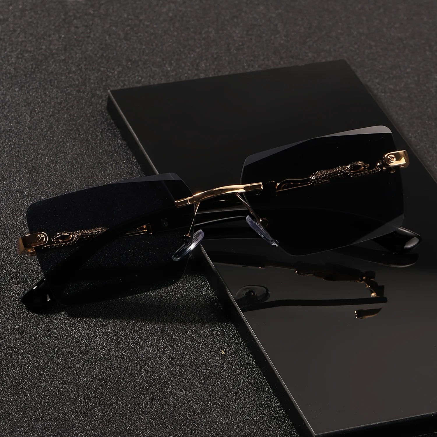 Rimless Black And Gold Rectangle Sunglasses