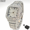UNIGUET Cool Men's Watch Luxury Stainless Steel Quartz Watch Hip Hop Black Diamond Square Design Fashion Iced Wristwatch for Men