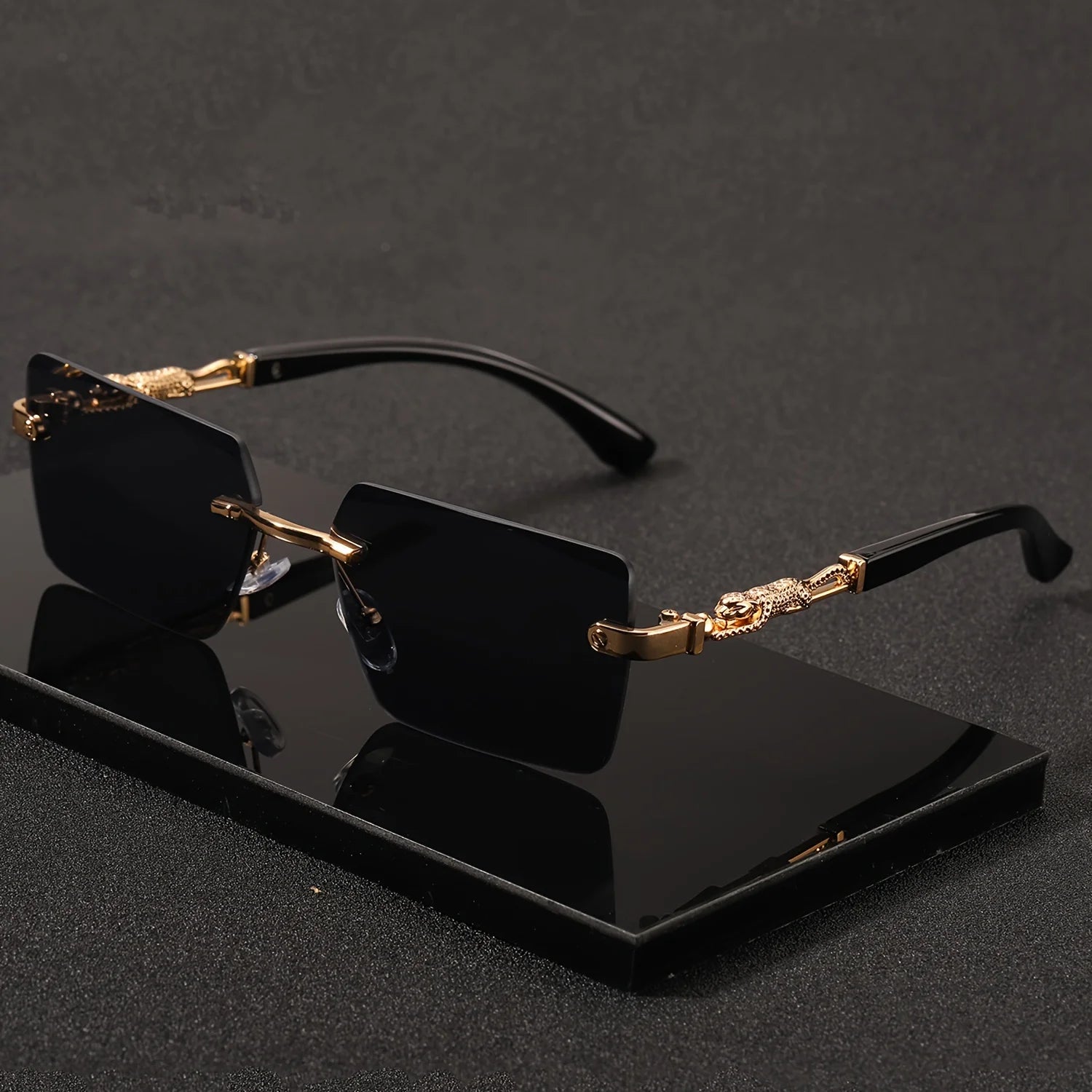 Rimless Black And Gold Rectangle Sunglasses