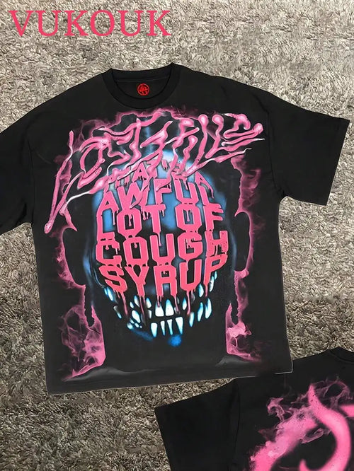 (1PC) Men's 'An Awful Lot Of Cough Syrup' Skull Graphic T-Shirt, Cotton Crew Neck Short Sleeve Tee